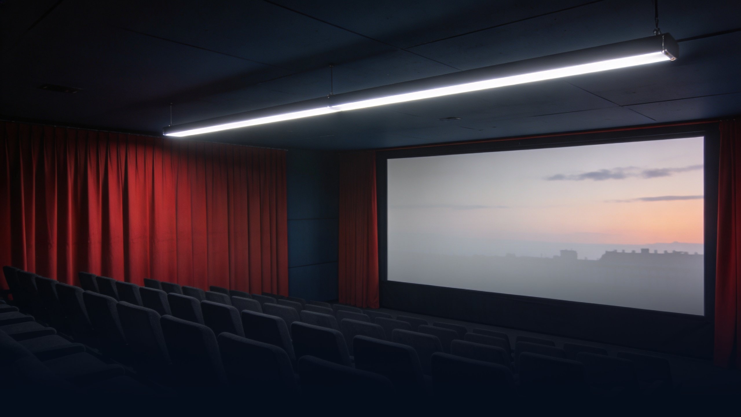 Empty modern minimalist German cinema interior, clean geometric lines, monochrome white and dark gray palette with single deep red accent on screen curtain, cool LED ambient lighting