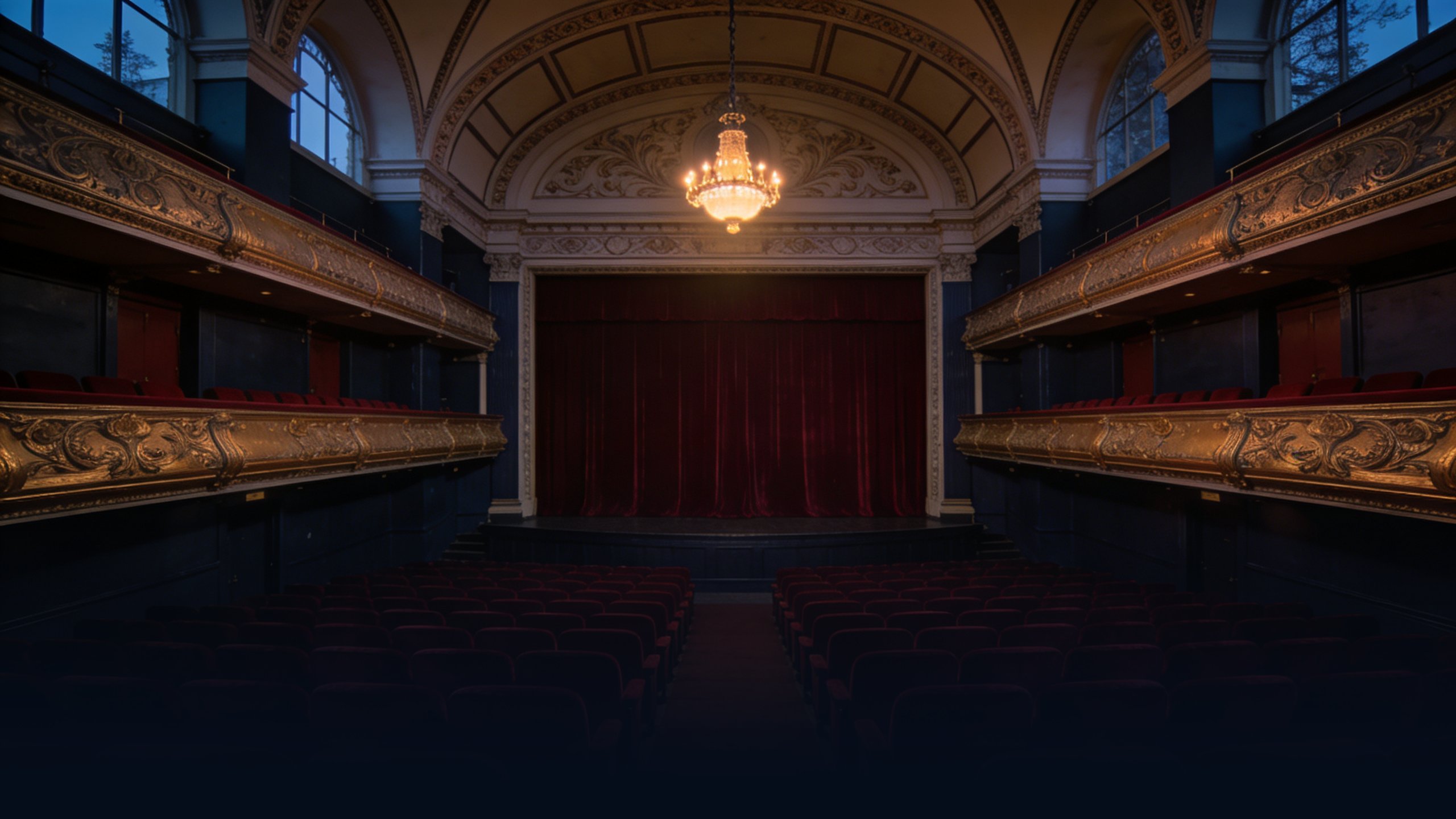 Empty Edwardian London cinema interior at dusk with ornate plasterwork, deep red velvet seats, single dim chandelier overhead