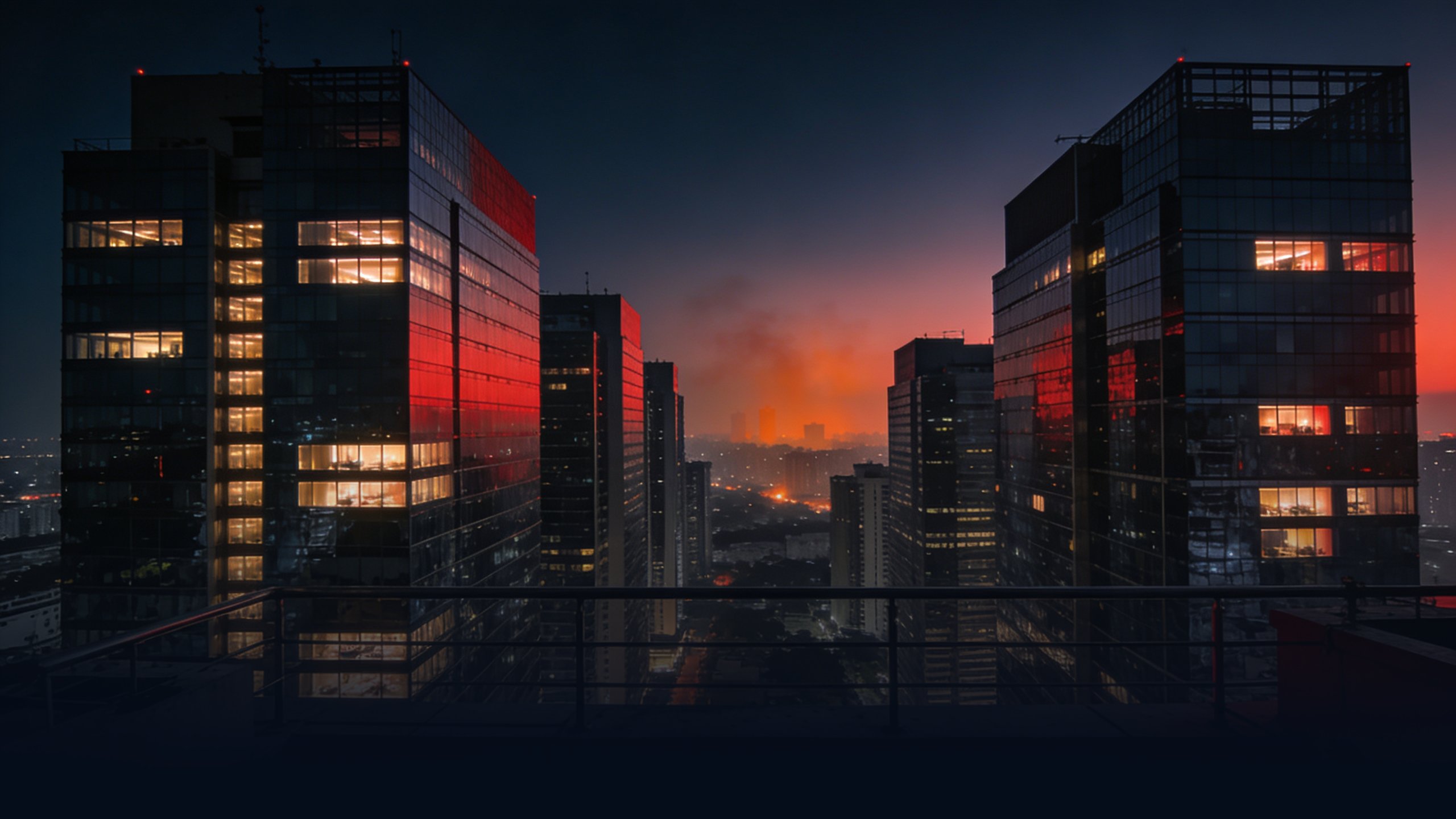 Mumbai skyline at twilight from a high rooftop in Bandra-Kurla Complex, modern corporate glass towers stretching into the distance with backlit windows glowing warm tungsten against deep navy sky