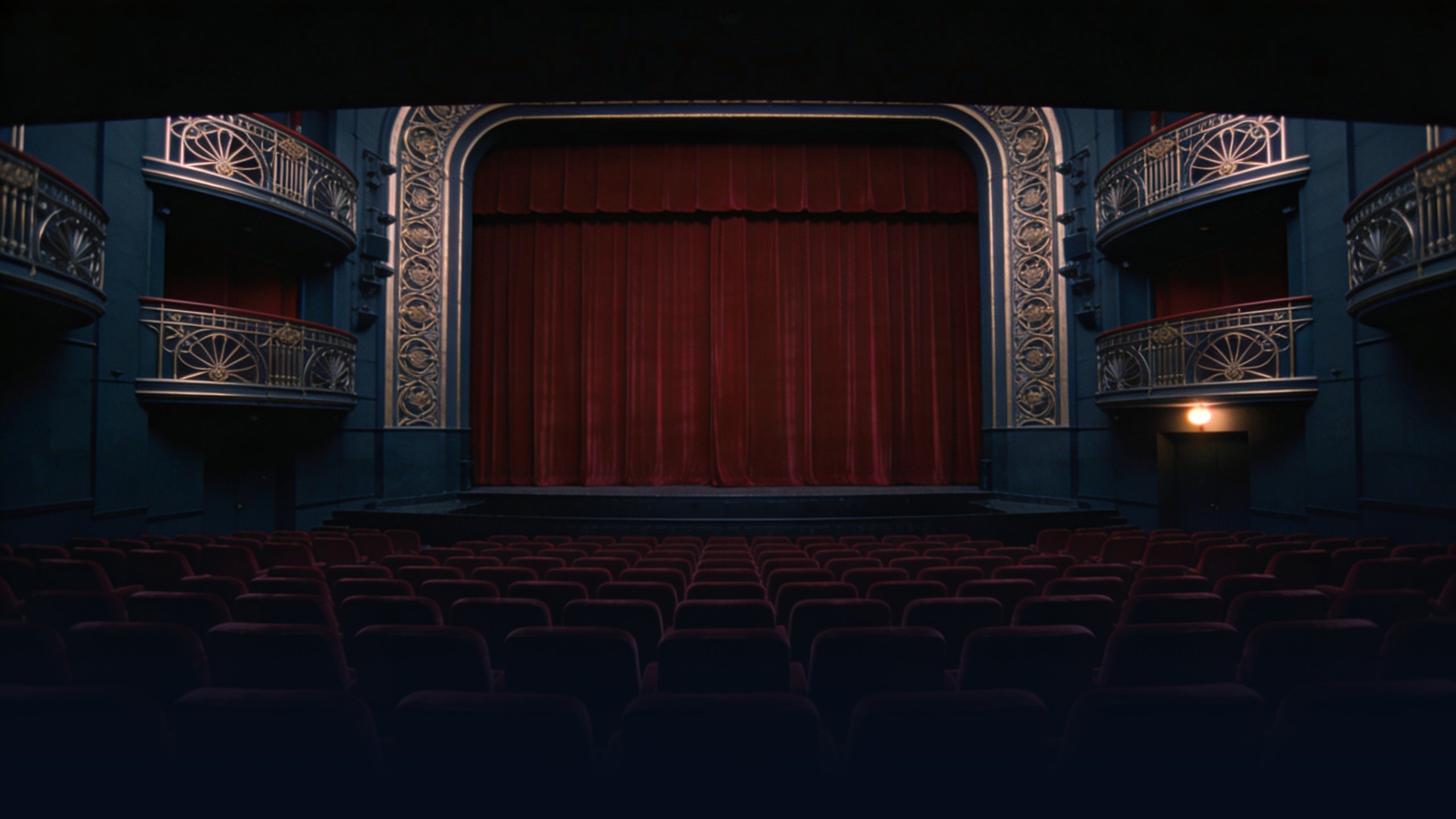 Empty Art Deco French cinema interior at dusk, ornate metalwork detailing on the balcony fronts, deep red velvet curtain at the screen, rows of empty red velvet seats