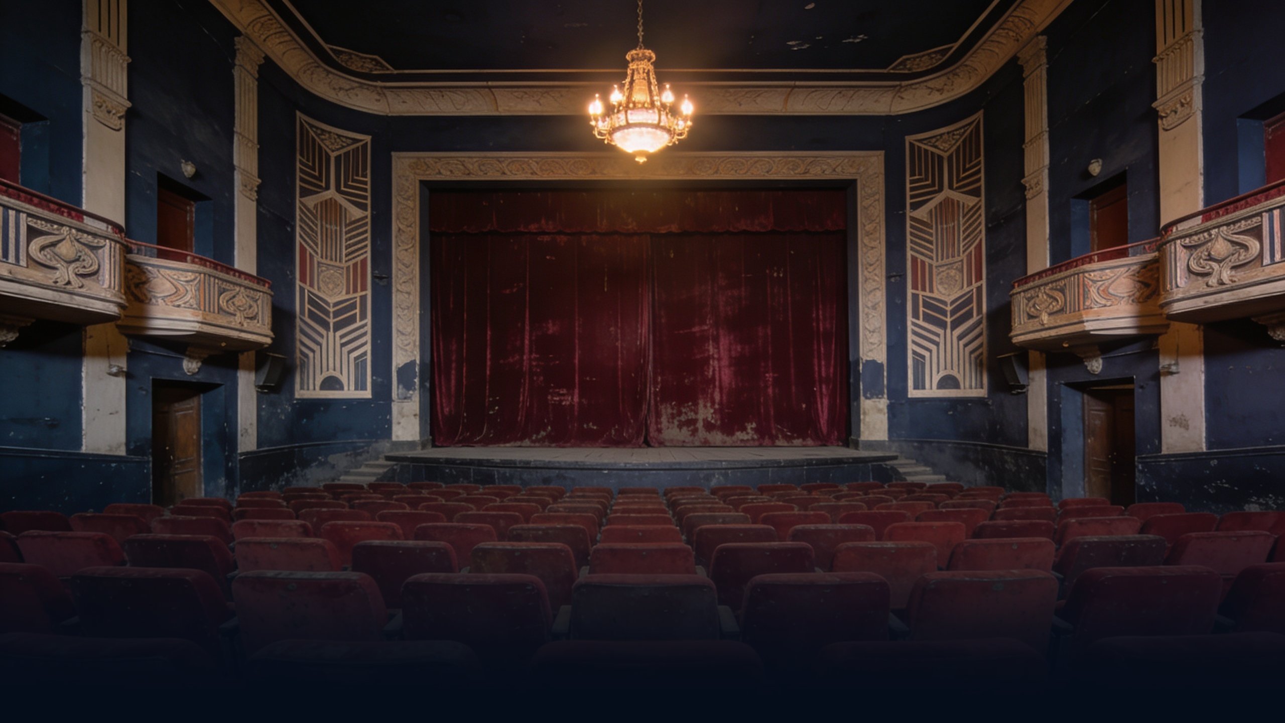Empty historic Cairo cinema interior at dusk with closed faded deep red velvet curtain, ornate Art Deco plasterwork on side walls and balcony fronts, rows of empty old red velvet seats showing slight age and patina, single dim chandelier
