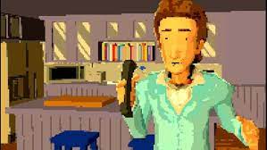 A frame from Nothing Forever, the AI generated Seinfeld style Twitch stream: a crudely rendered character in a green shirt stands in an apartment holding a phone.