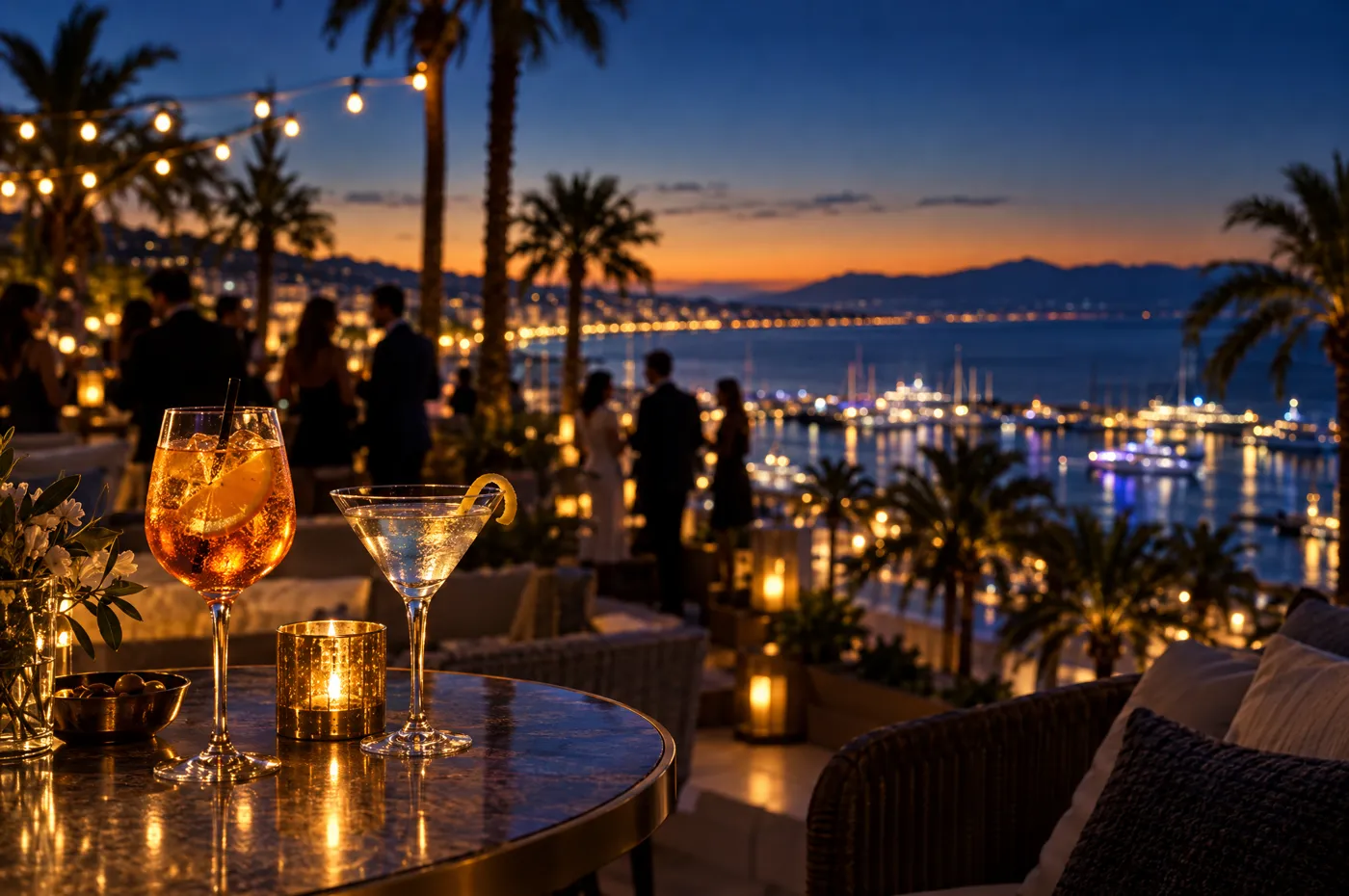 Cocktail glasses on a terrace table above the bay of Cannes at dusk, with string lights and the lit marina behind