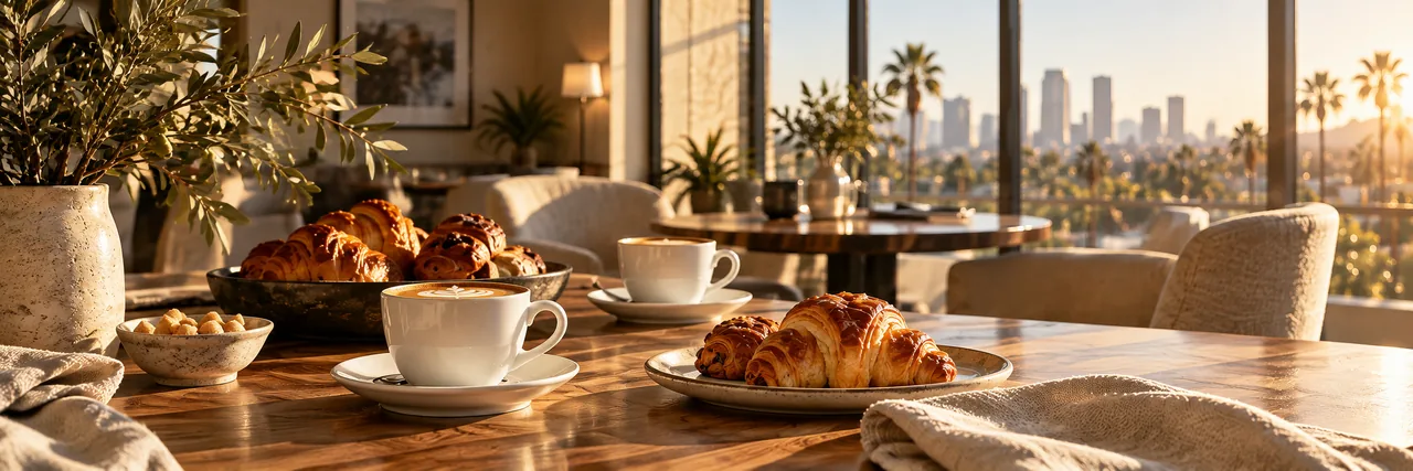 Illustrative breakfast setting with coffee and pastries.