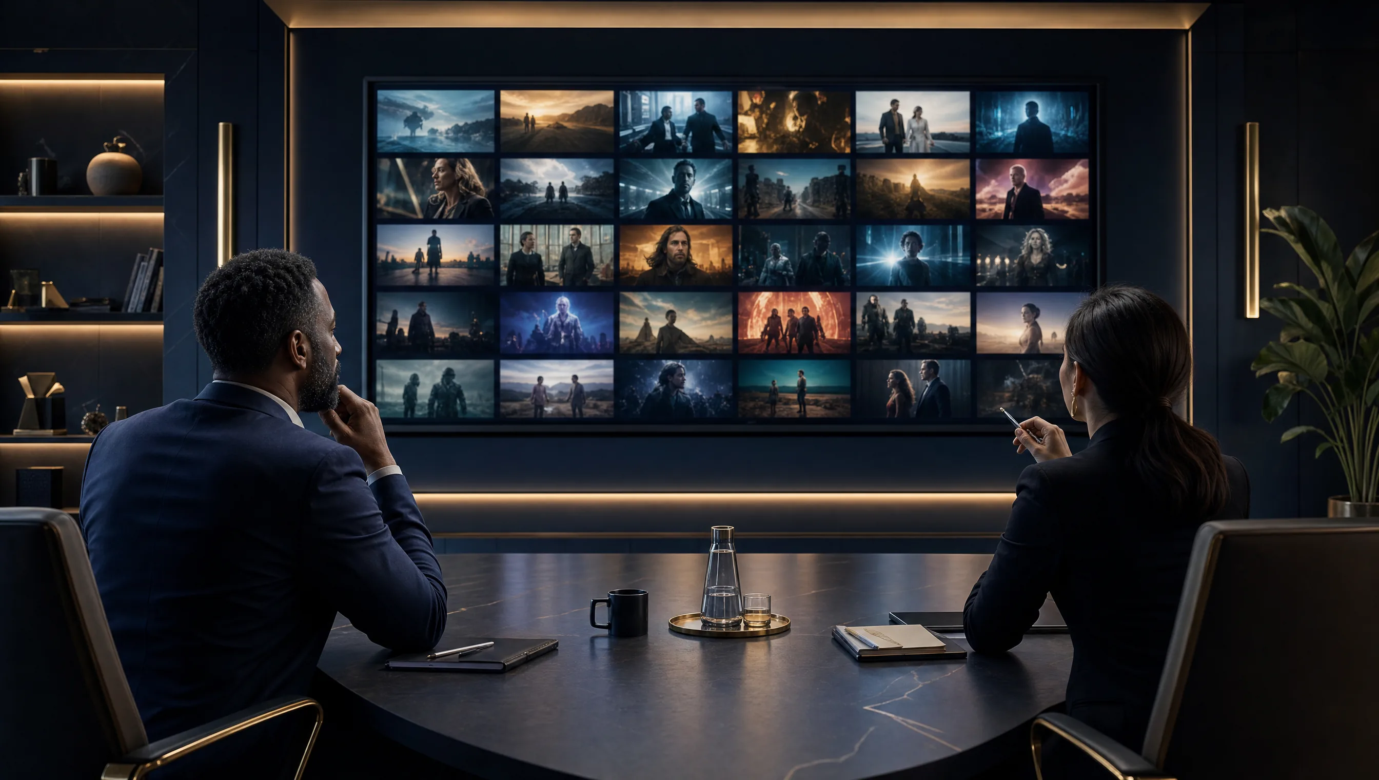 Two distribution executives in a dark boardroom reviewing a wall screen filled with film and TV title thumbnails