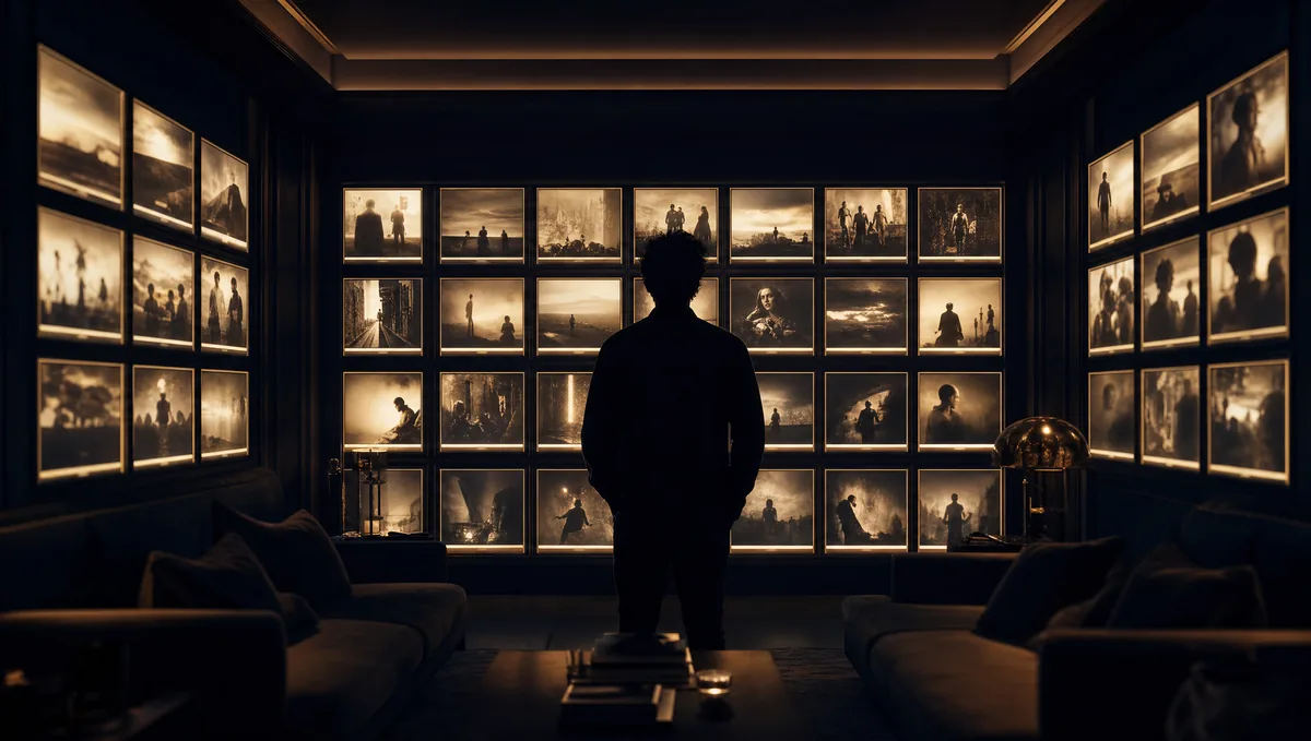 A lone figure standing in a dark screening room surrounded by walls of glowing film posters