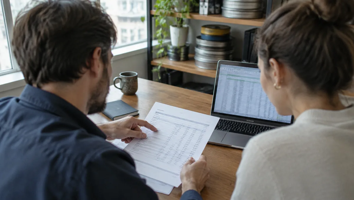 Two colleagues at a desk going over a printed royalty statement and a spreadsheet, film cans on the shelf behind them