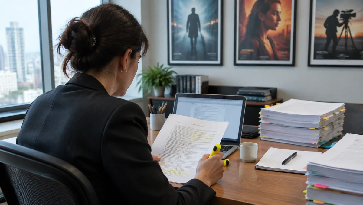 A lawyer seen from behind highlighting a contract at her desk, stacks of tabbed agreements and film posters around her