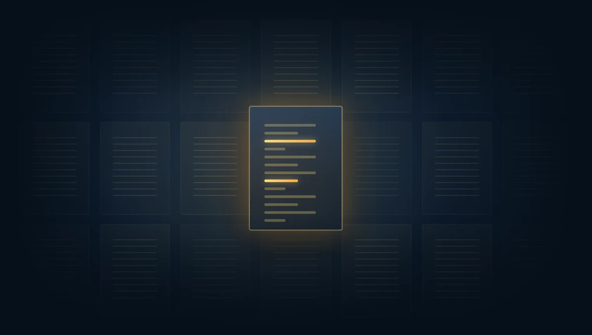 A grid of dim contract pages with one page lit in gold, two of its clauses highlighted