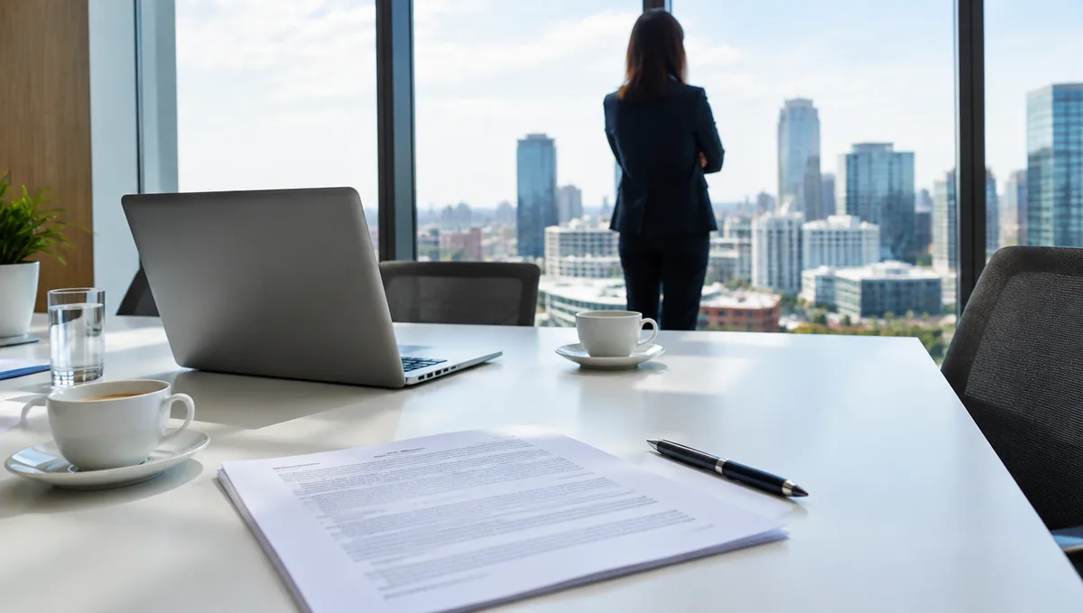A printed licence agreement and a pen on a meeting room table, a woman at the window looking out over the city